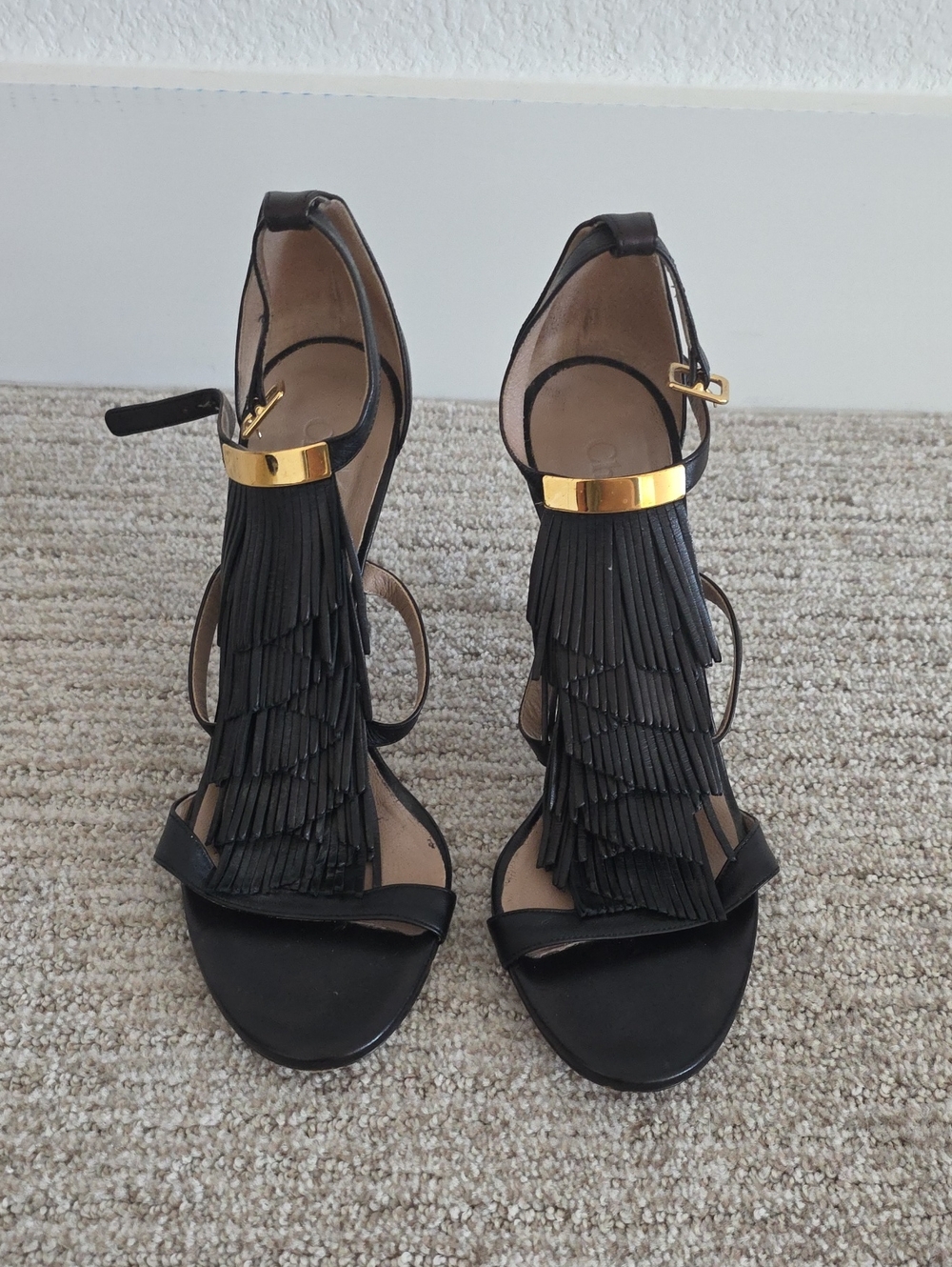 Chloe Black Fringe T-Strap Sandals with Gold Accent